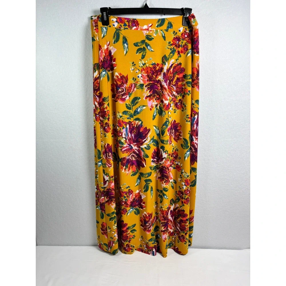 Cato C 1946 Women's Yellow Floral Print Jersey Knit Maxi Skirt Plus Size 14/16W